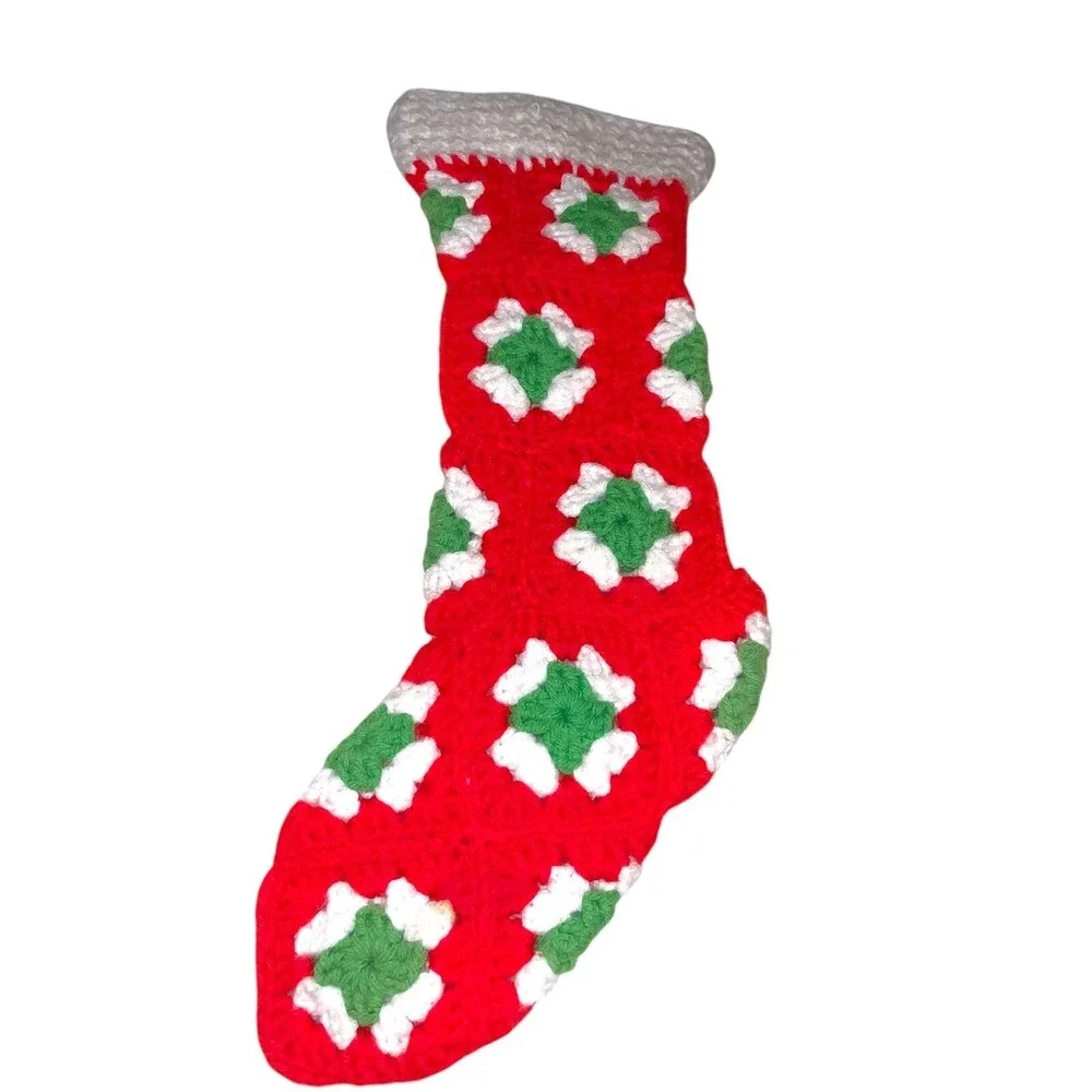 Granny Square Handmade Crocheted CHRISTMAS STOCKING Green Red White 17